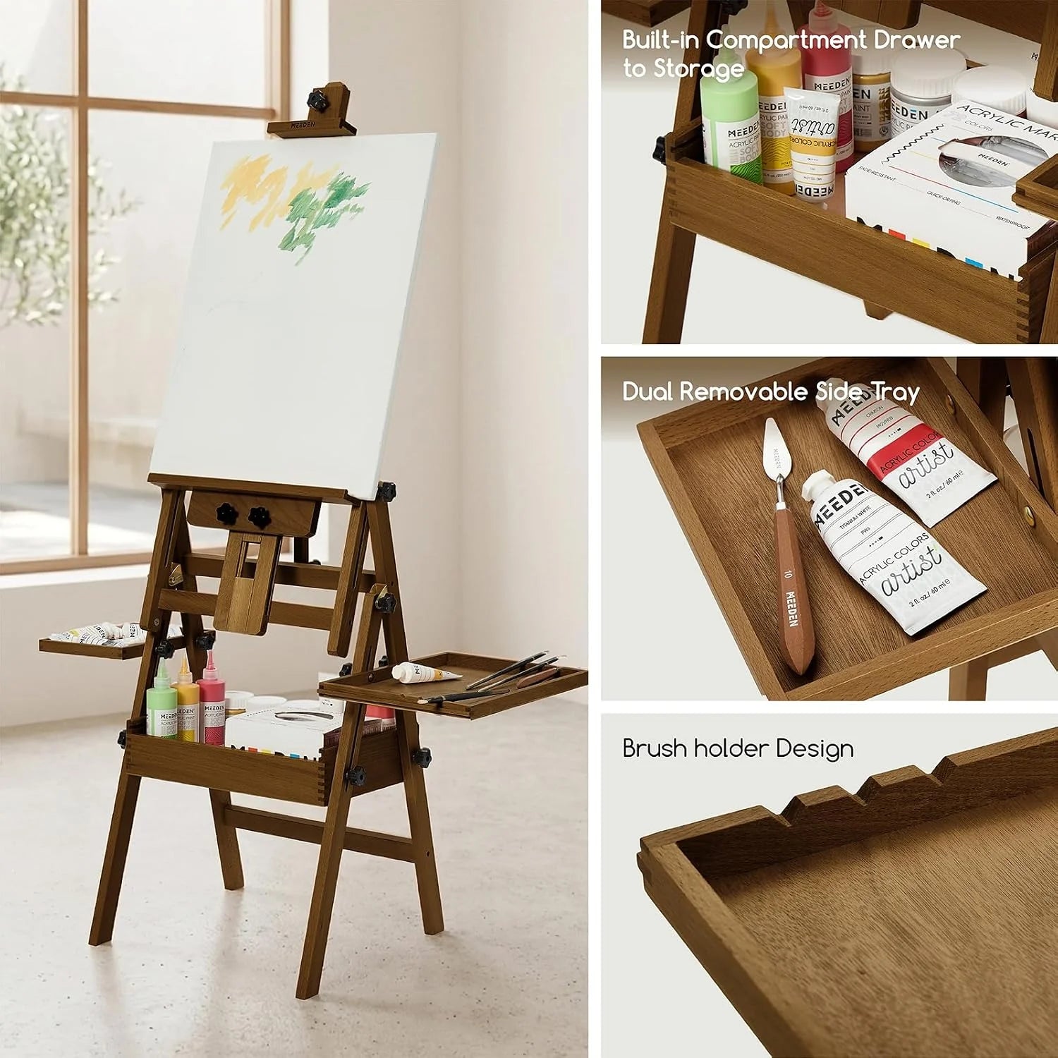 MEEDEN Painting Easel with Storage: H-Frame Beech Wood Art Easel - Walnut