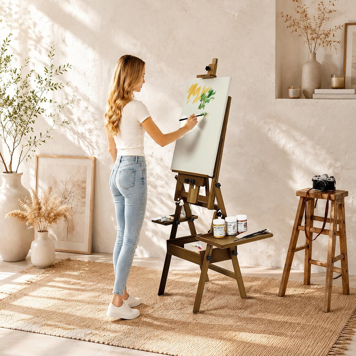 MEEDEN Painting Easel with Storage: H-Frame Beech Wood Art Easel - Walnut
