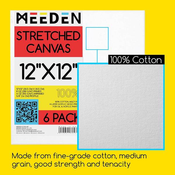 MEEDEN 100% Cotton Stretched Canvas, 12 x 12 In, 6 Packs