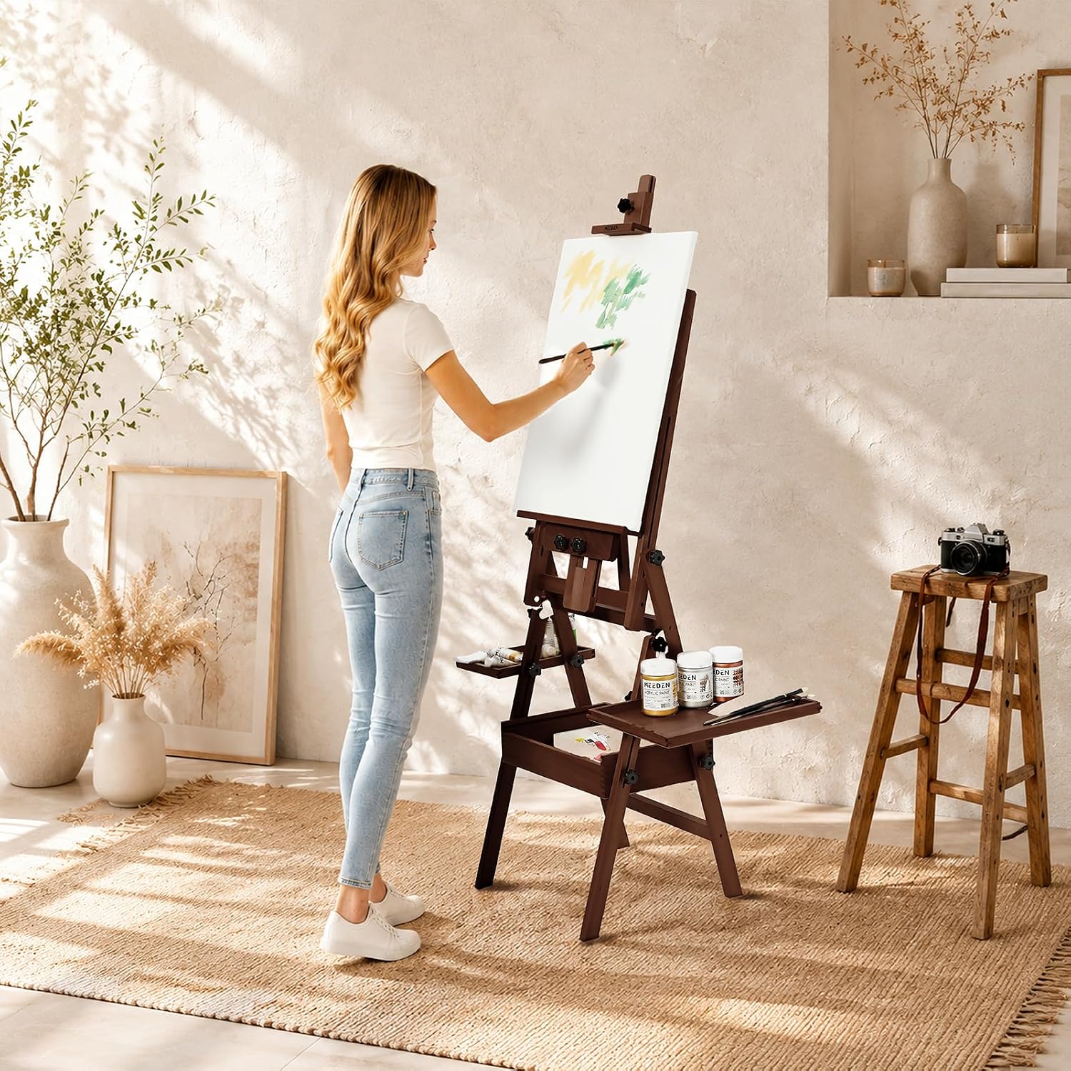 MEEDEN Painting Easel with Storage: H-Frame Beech Wood Art Easel - Dark Walnut