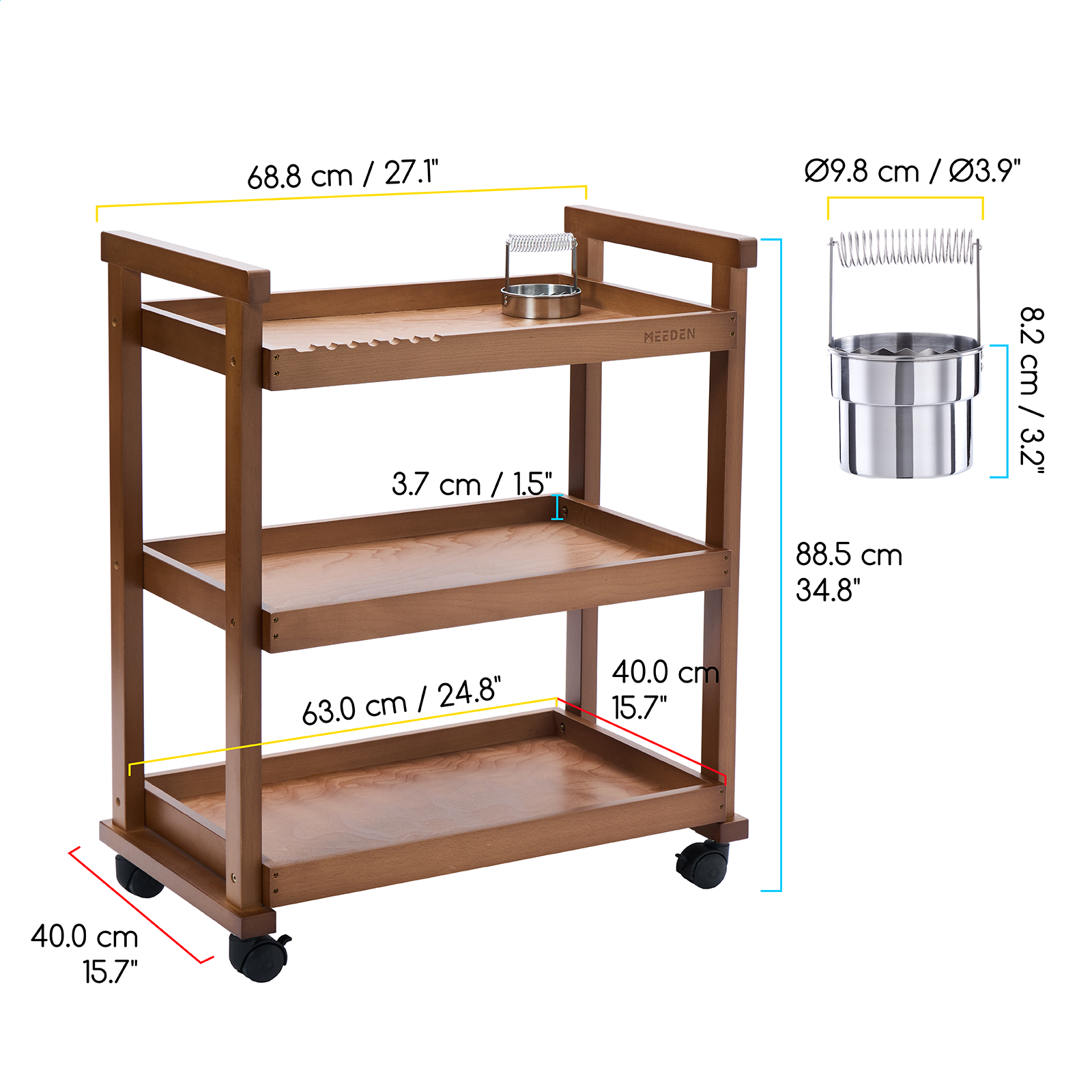 MEEDEN 3-Tier Storage Art Cart/Trolley, Walnut-W13