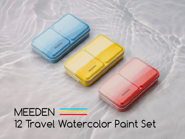 MEEDEN 12 Colors Watercolor Paint Set, Travel Watercolor Set with Brush in Half Pans