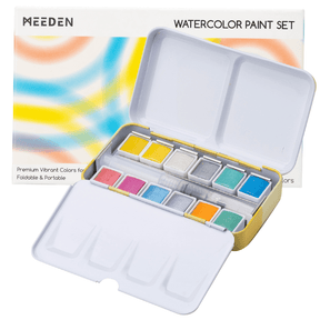 MEEDEN 12 Colors Watercolor Paint Set, Travel Watercolor Set with Brush in Half Pans