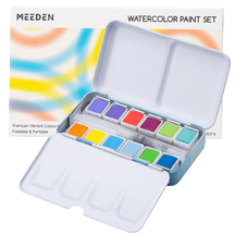 MEEDEN 12 Colors Watercolor Paint Set, Travel Watercolor Set with Brush in Half Pans