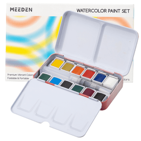 MEEDEN 12 Colors Watercolor Paint Set, Travel Watercolor Set with Brush in Half Pans