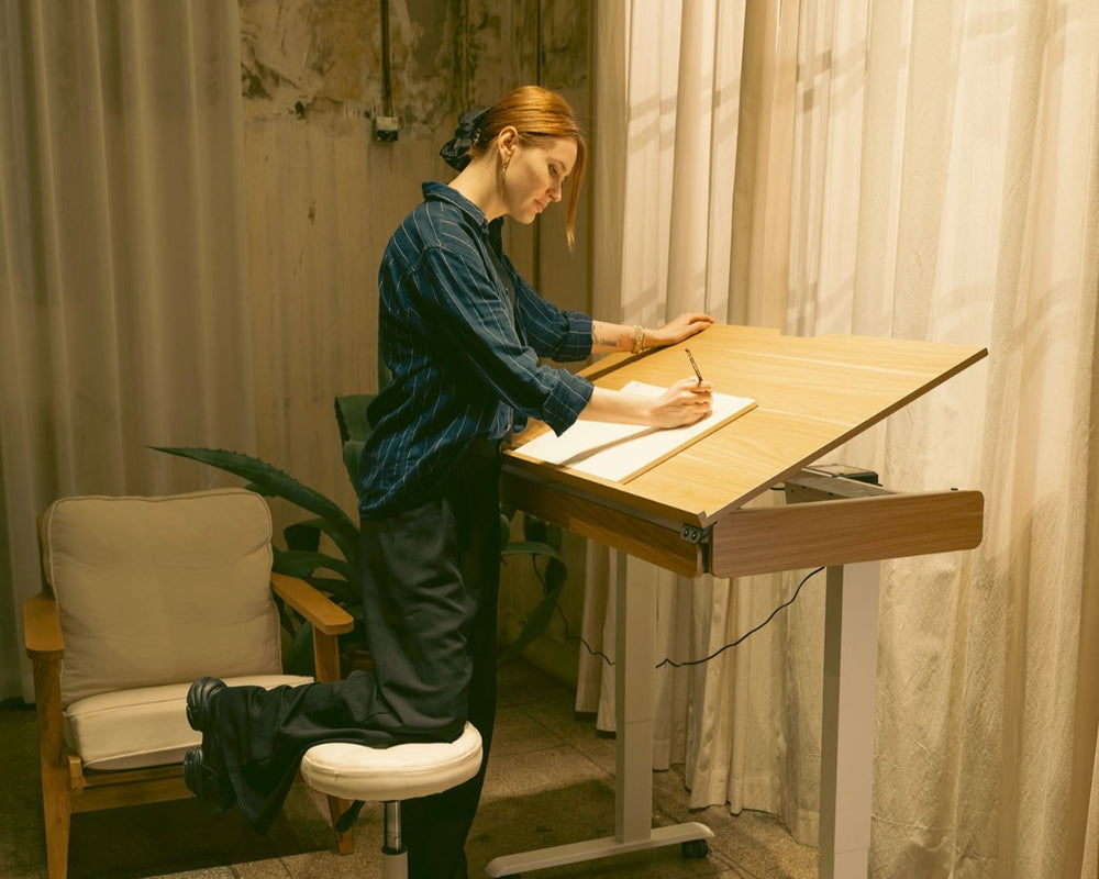 MEEDEN Large Electric Height Adjustable Drafting Table with Storage Dr
