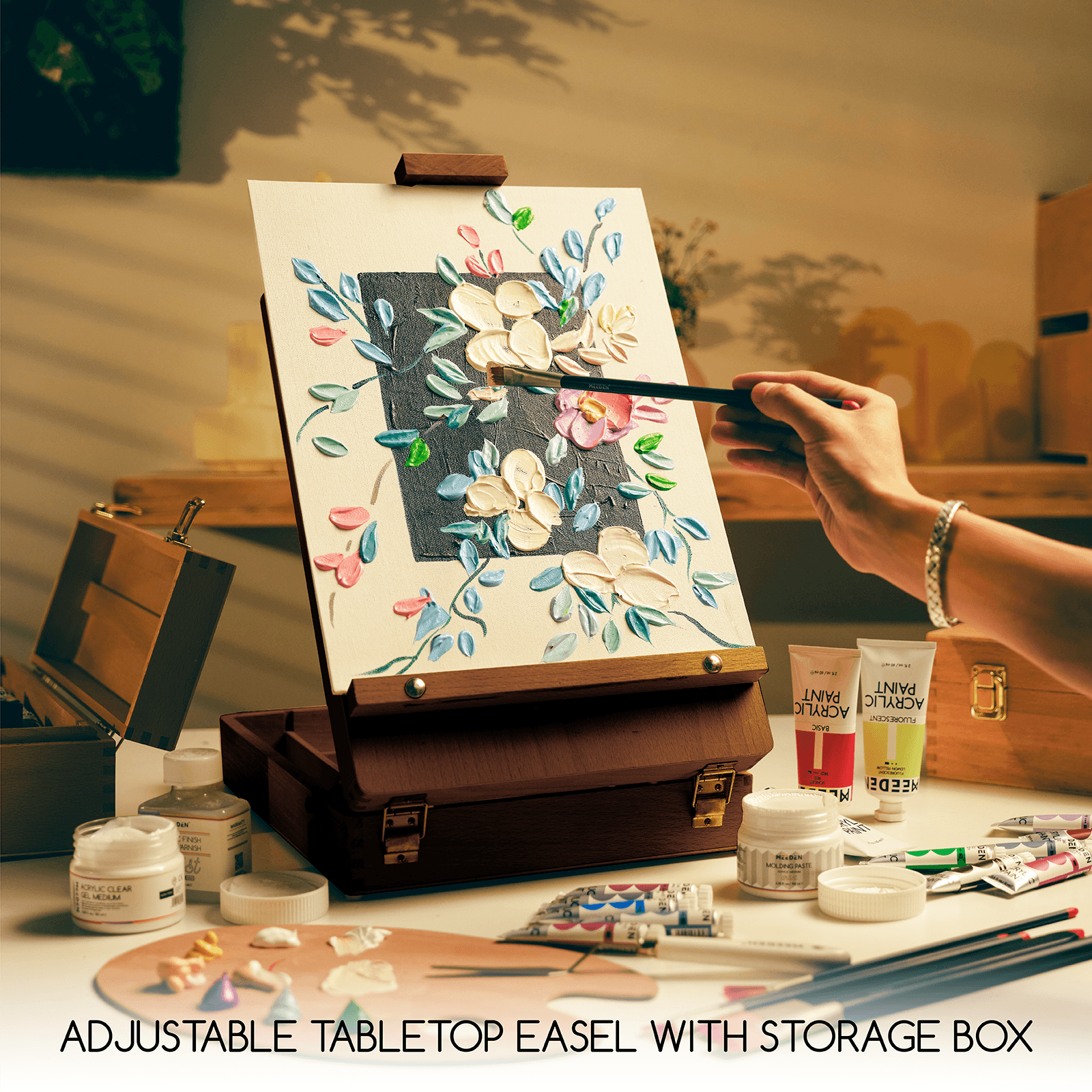 MEEDEN Solid Beech Wood Tabletop Easel, Art Easel with Storage-HBX-3, Walnut