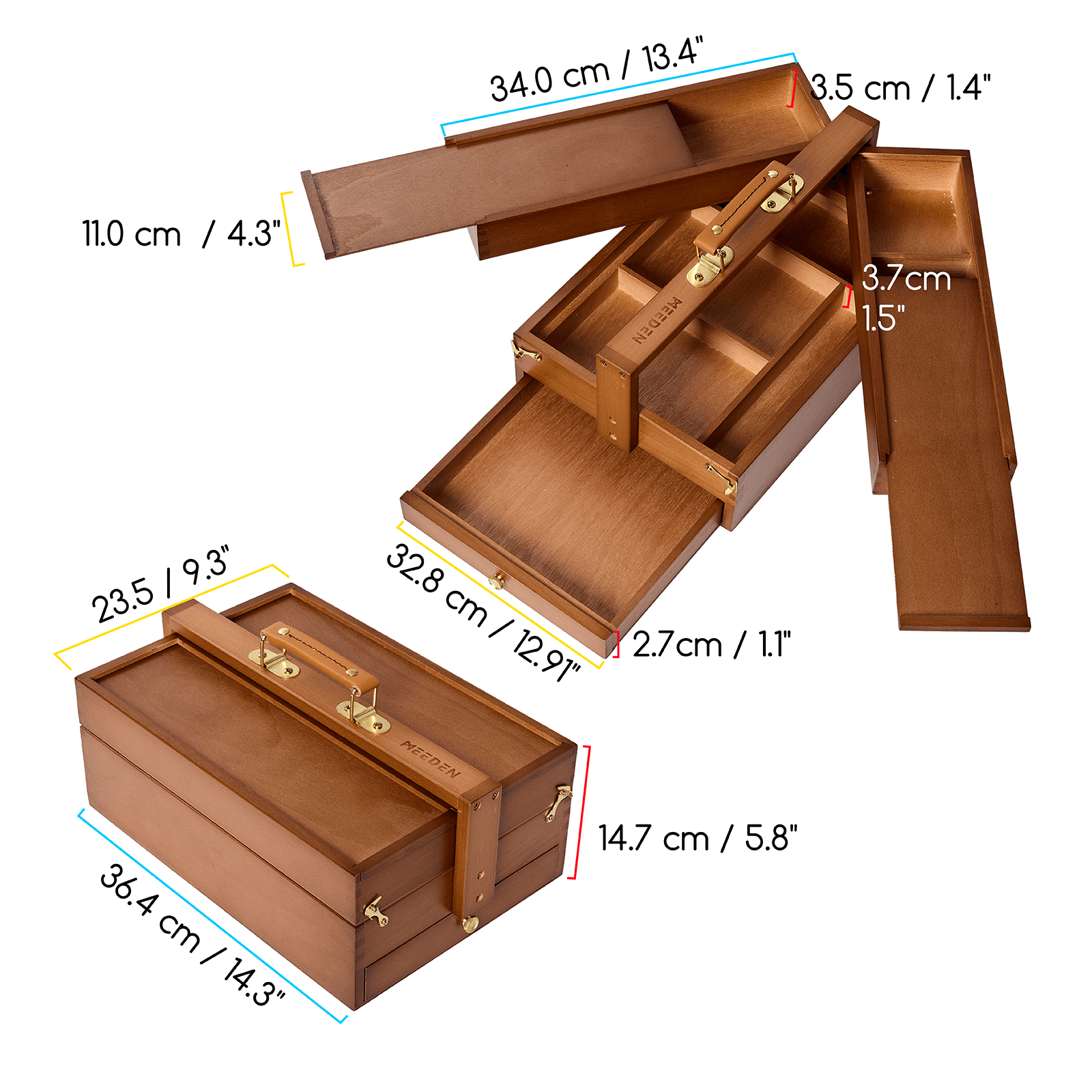 MEEDEN Wooden Artist Storage Box – Portable Foldable Organizer with Drawer - HBX-7 Walnut