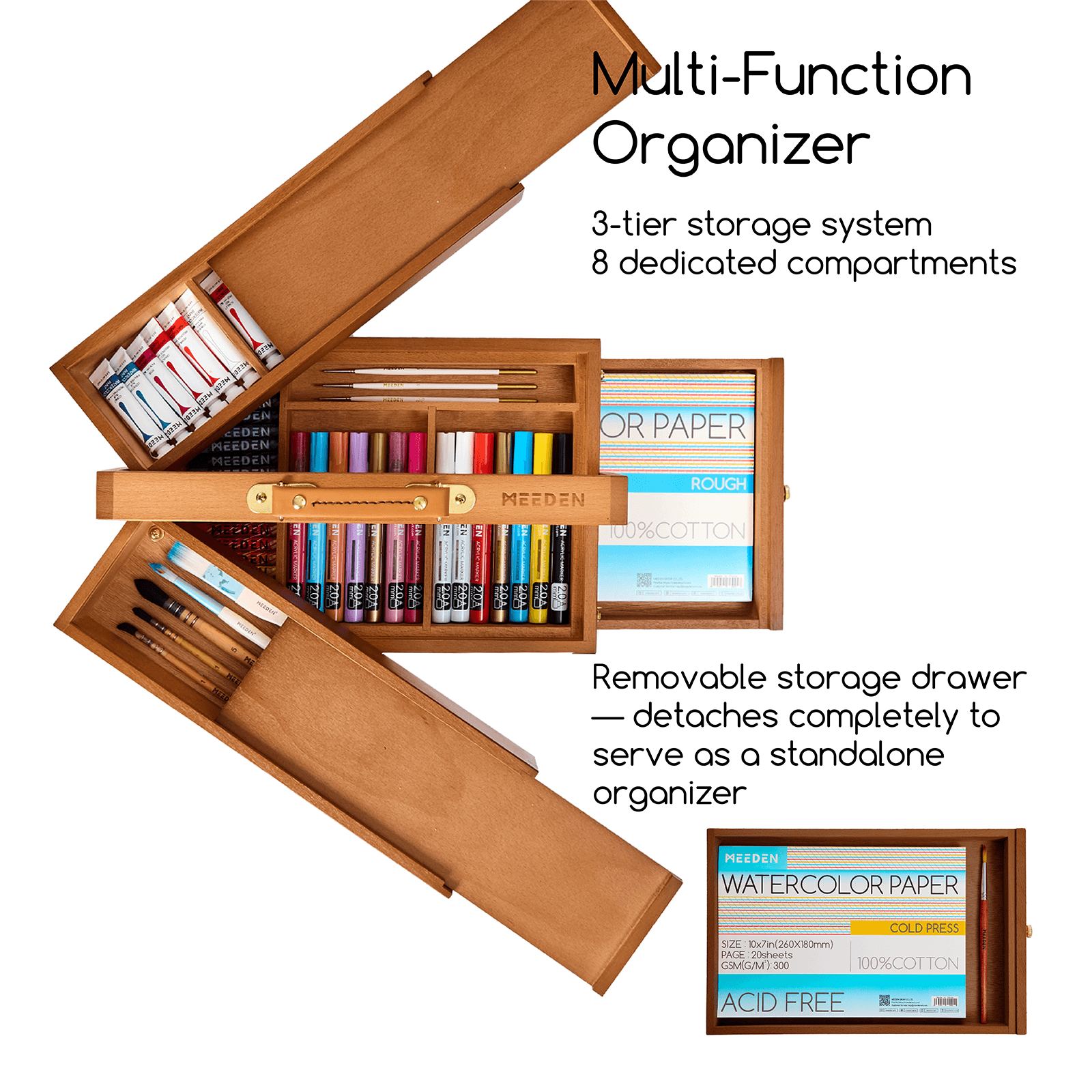 MEEDEN Wooden Artist Storage Box – Portable Foldable Organizer with Drawer - HBX-7 Walnut