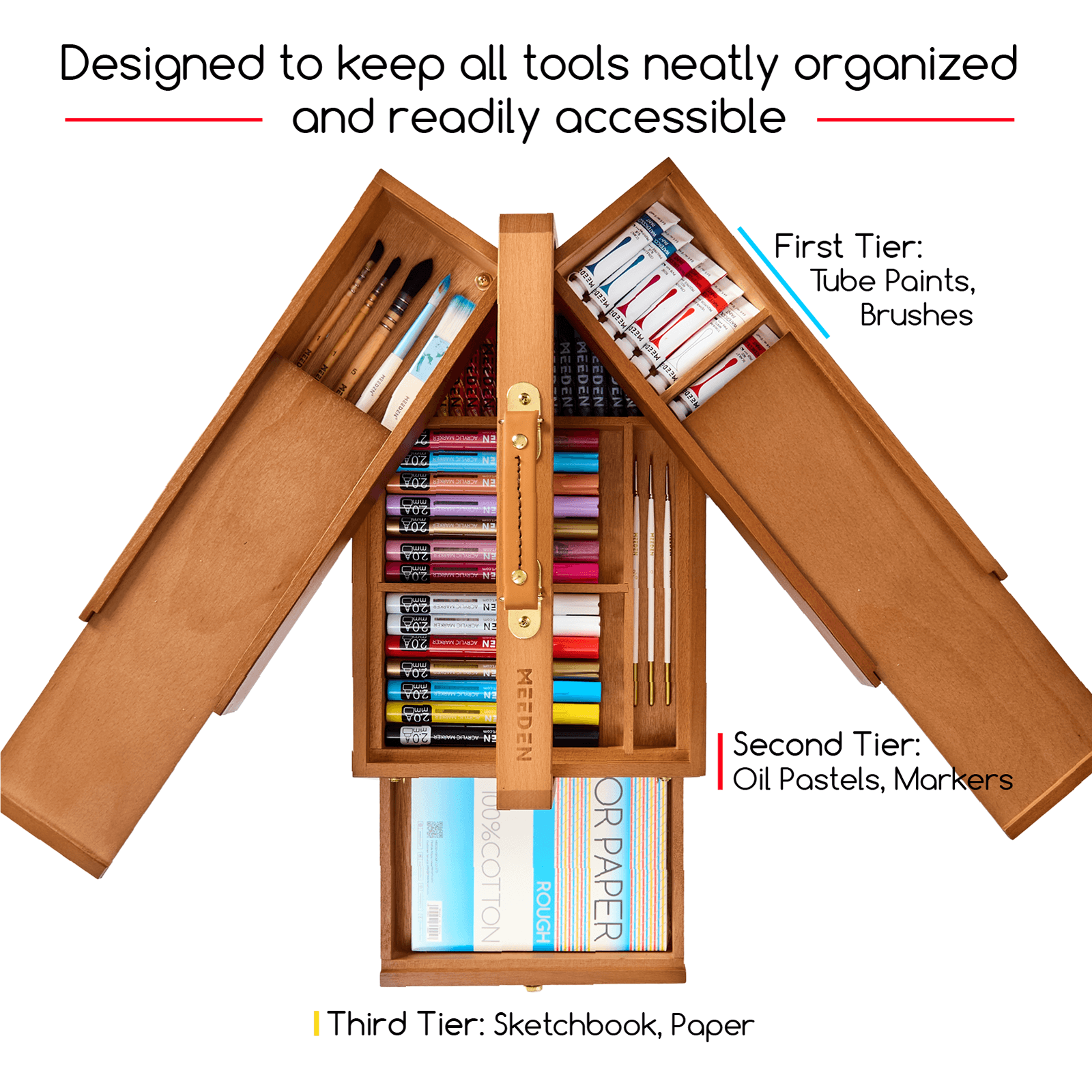MEEDEN Wooden Artist Storage Box – Portable Foldable Organizer with Drawer - HBX-7 Walnut