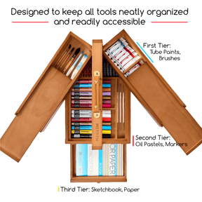 MEEDEN Wooden Artist Storage Box – Portable Foldable Organizer with Drawer - HBX-7 Walnut