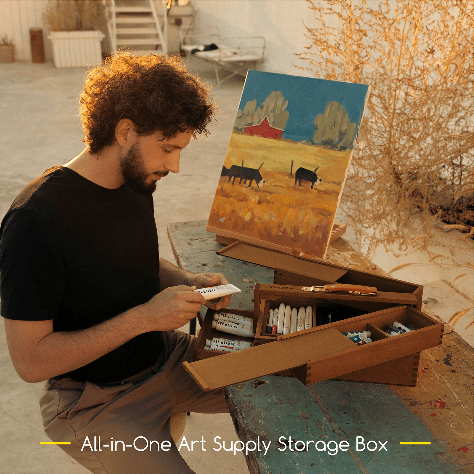 MEEDEN Wooden Artist Storage Box – Portable Foldable Organizer with Drawer - HBX-7 Walnut