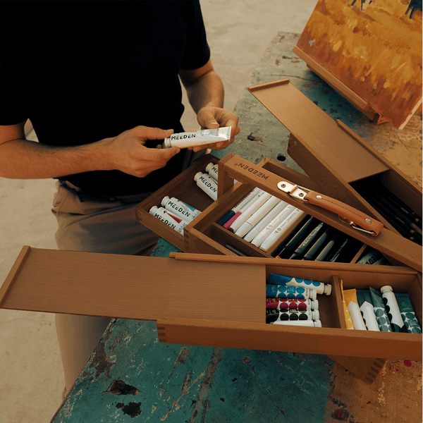 MEEDEN Wooden Artist Storage Box – Portable Foldable Organizer with Drawer - HBX-7 Walnut