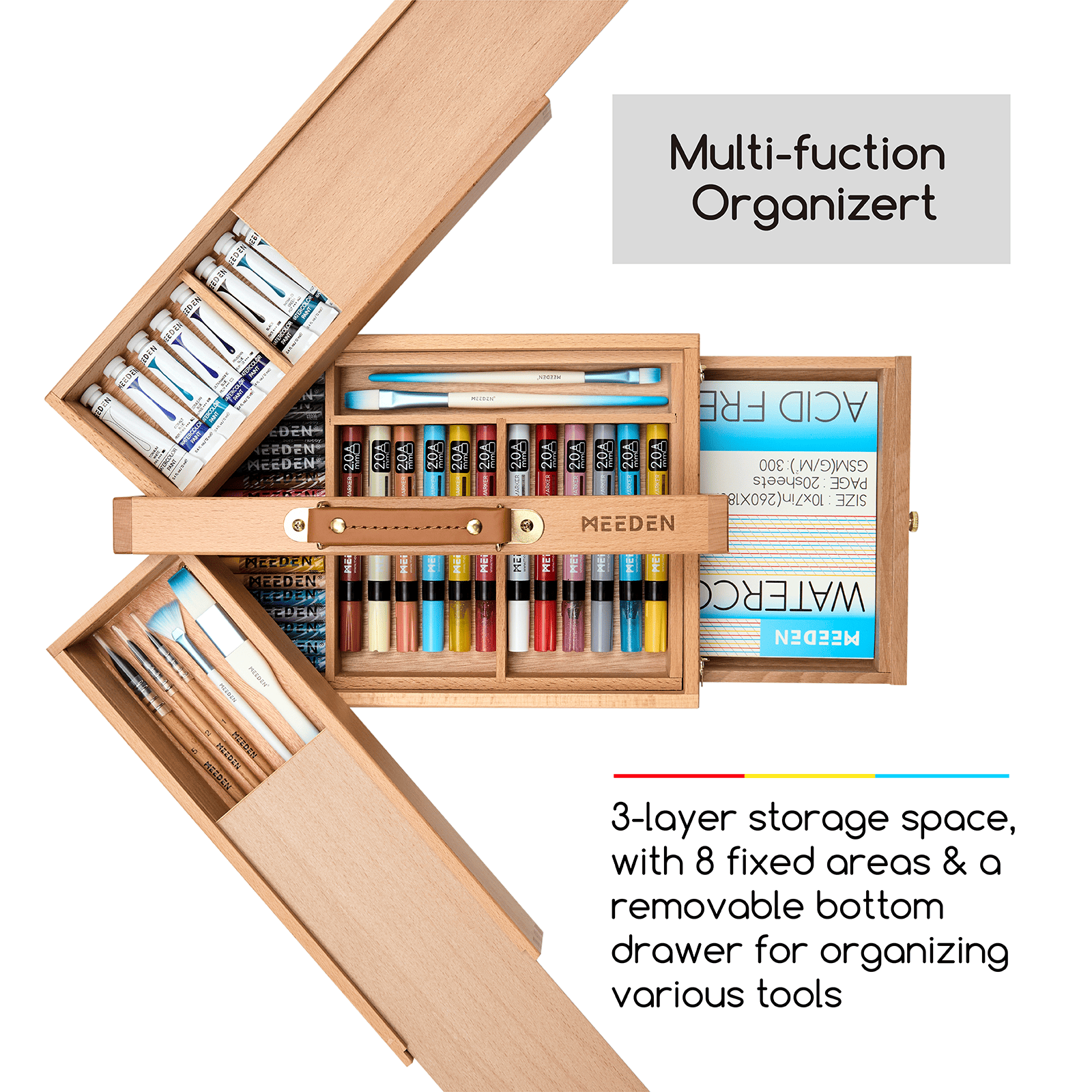 MEEDEN Wooden Artist Storage Box – Portable Foldable Organizer with Drawer