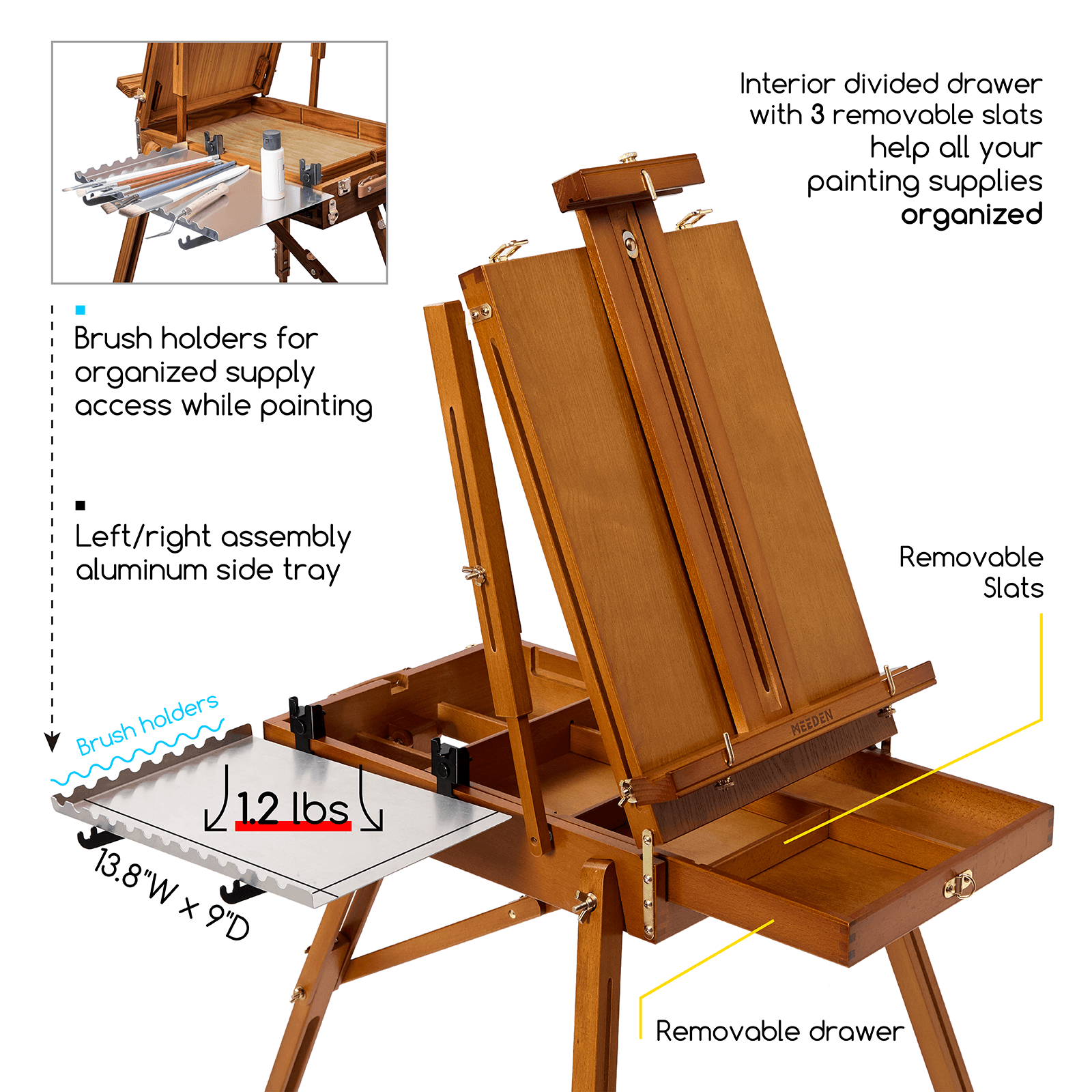 MEEDEN Solid Beech Wood Plein Air French Easel, Foldable & Spacious -HX-3 - Light Walnut