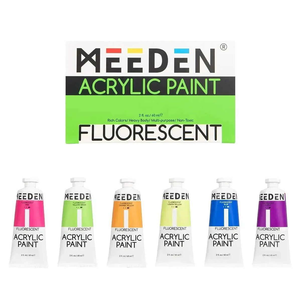 MEEDEN Fluorescent Acrylic Paint Set, 6 High Flow Colors (2 oz, 60 ml),  Neon Fluid Acrylic, Glow in the Dark Paints for Canvas Painting