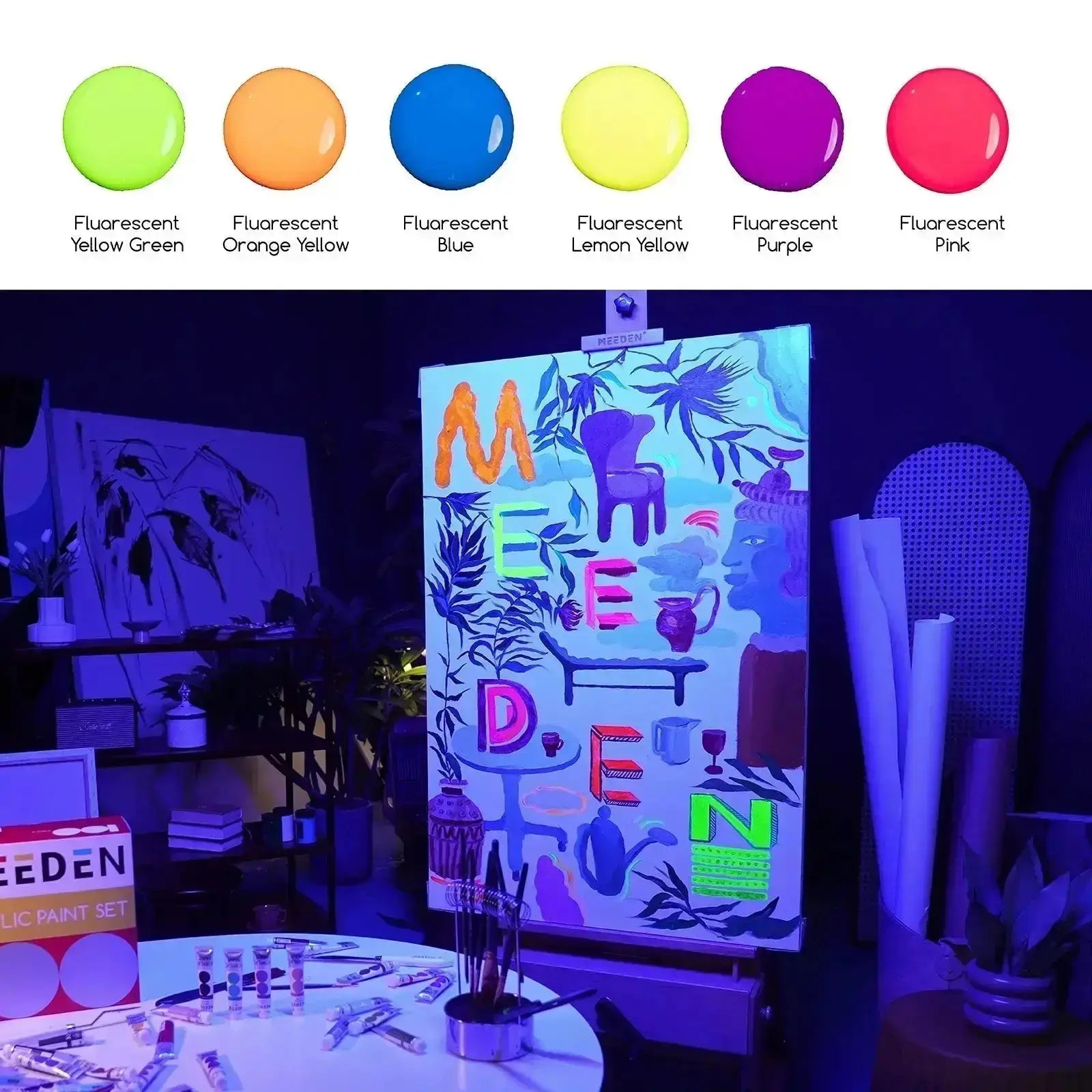 MEEDEN Fluid Fluorescent Acrylic Paint Set, 6x2 oz/60 ml - MEEDEN ARTPaint