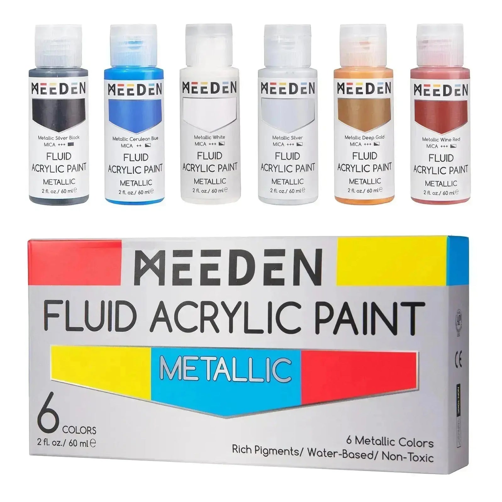 MEEDEN Metallic Fluid Acrylic Paint Set, 6 Colors, 60 ml / 2 oz