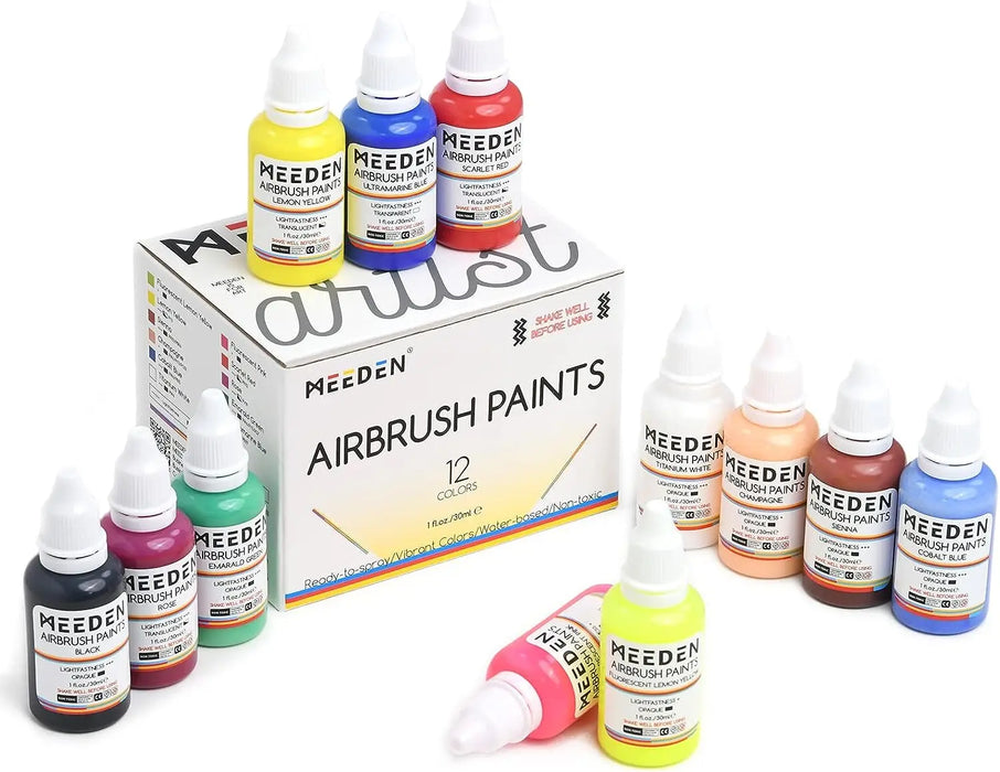 MEEDEN Mini Airbrush Kit, Dual-Action Gravity Feed 0.5mm Airbrush, 12 Colors Airbrush Paint Set MEEDEN