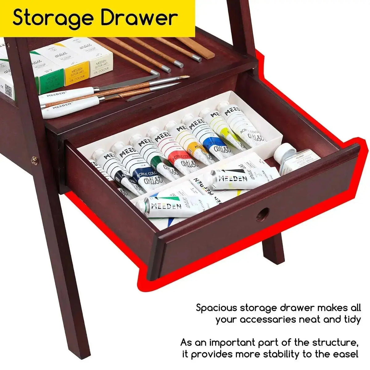 MEEDEN H-Frame Studio Wooden Easel with Art Supply Storage Drawer-Walnut