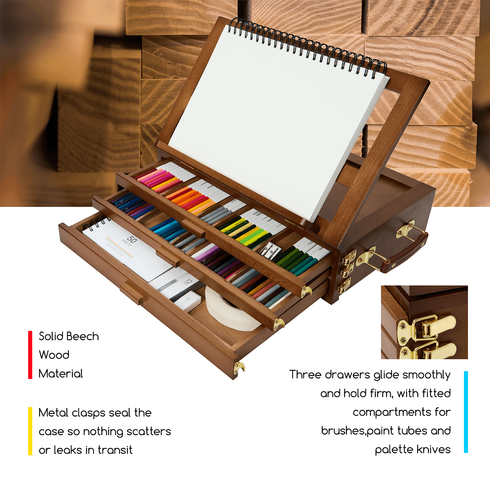 MEEDEN Large Adjustable Artist Tabletop Easel Sketchbox-XHH-03 - Walnut