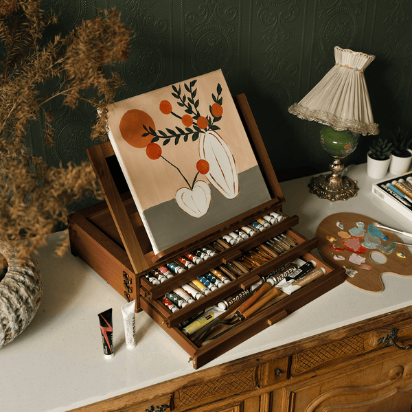 MEEDEN Large Adjustable Artist Tabletop Easel Sketchbox-XHH-03 - Walnut