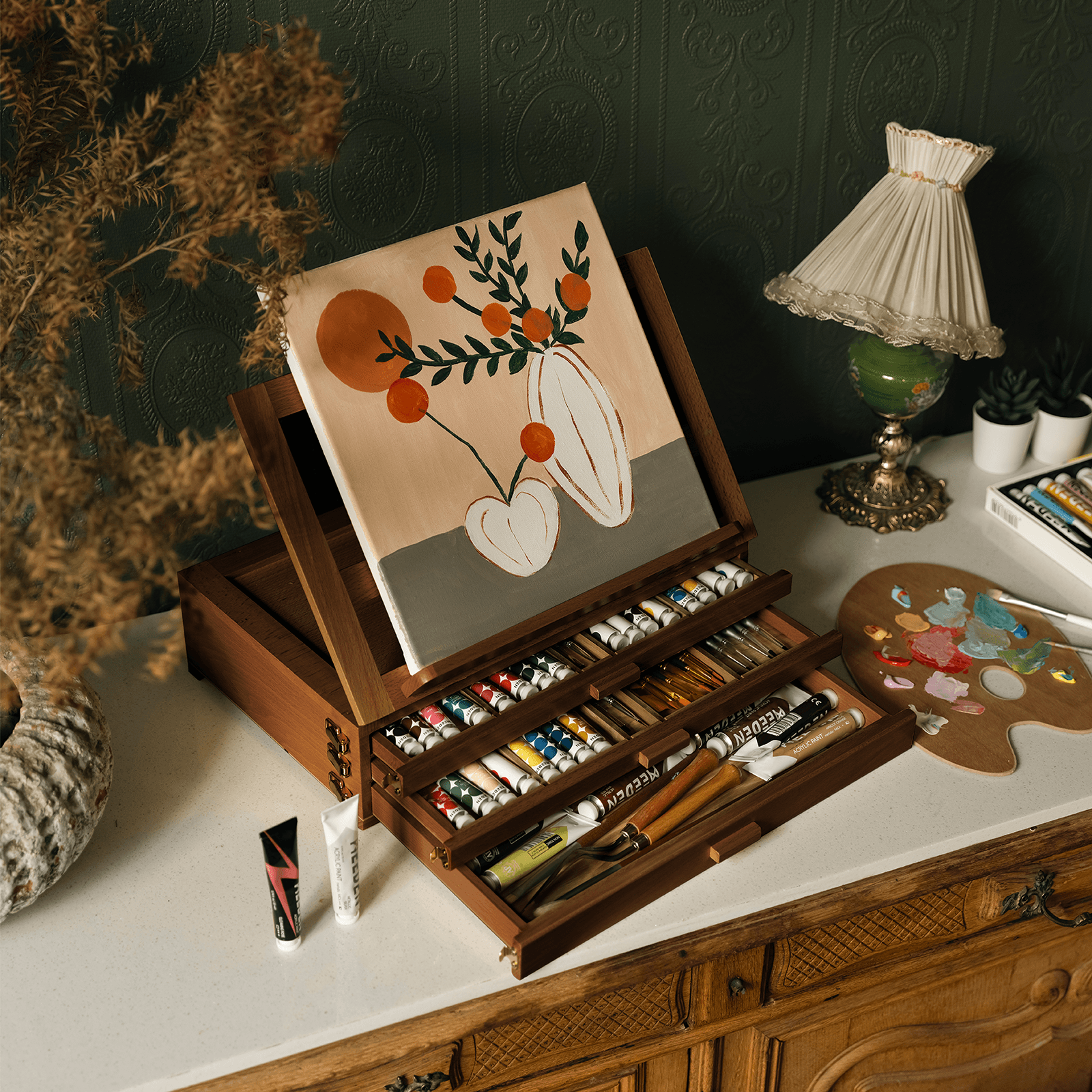MEEDEN Large Adjustable Artist Tabletop Easel Sketchbox-XHH-03 - Walnut