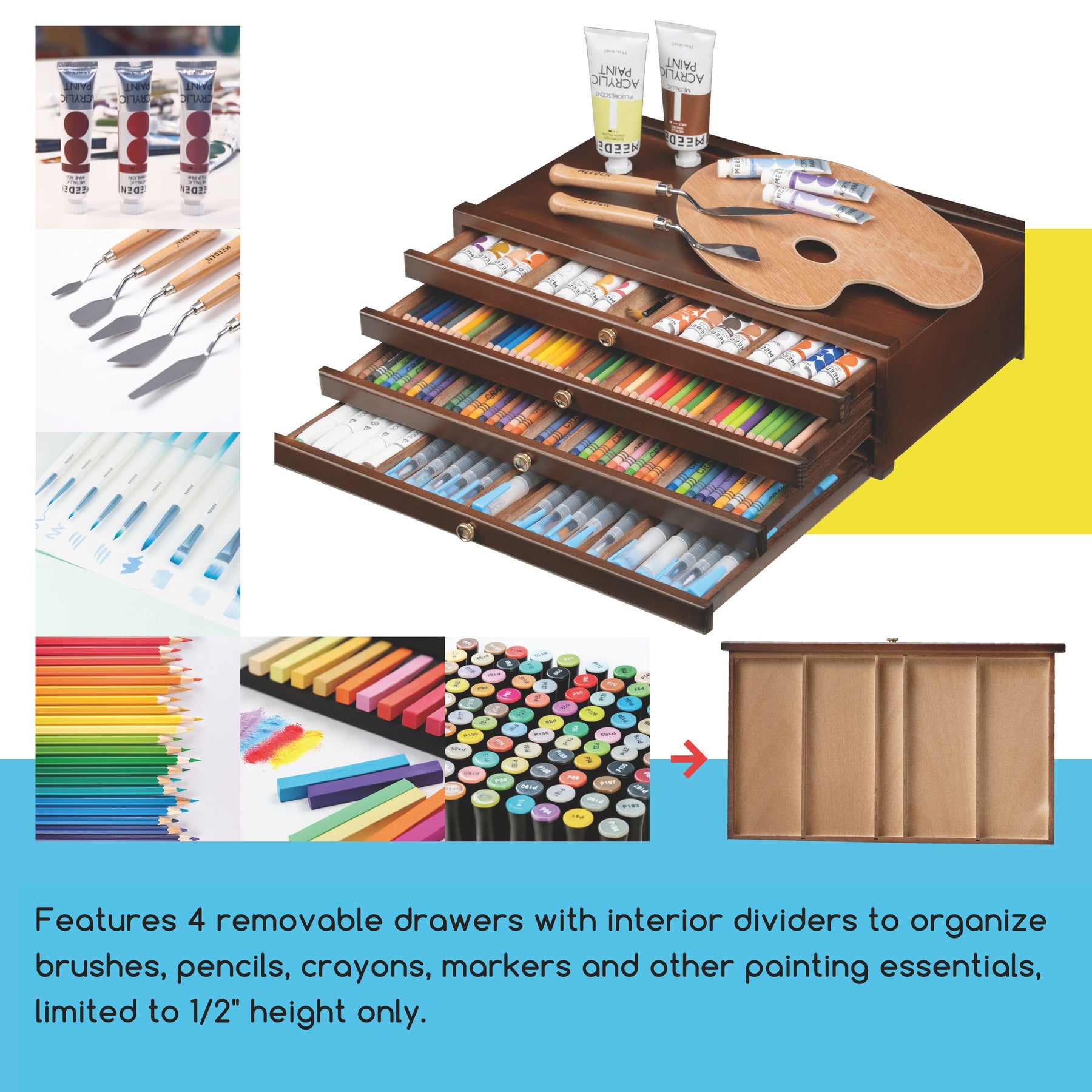 MEEDEN 4-Drawer Art Supply Storage Box, Walnut Color
