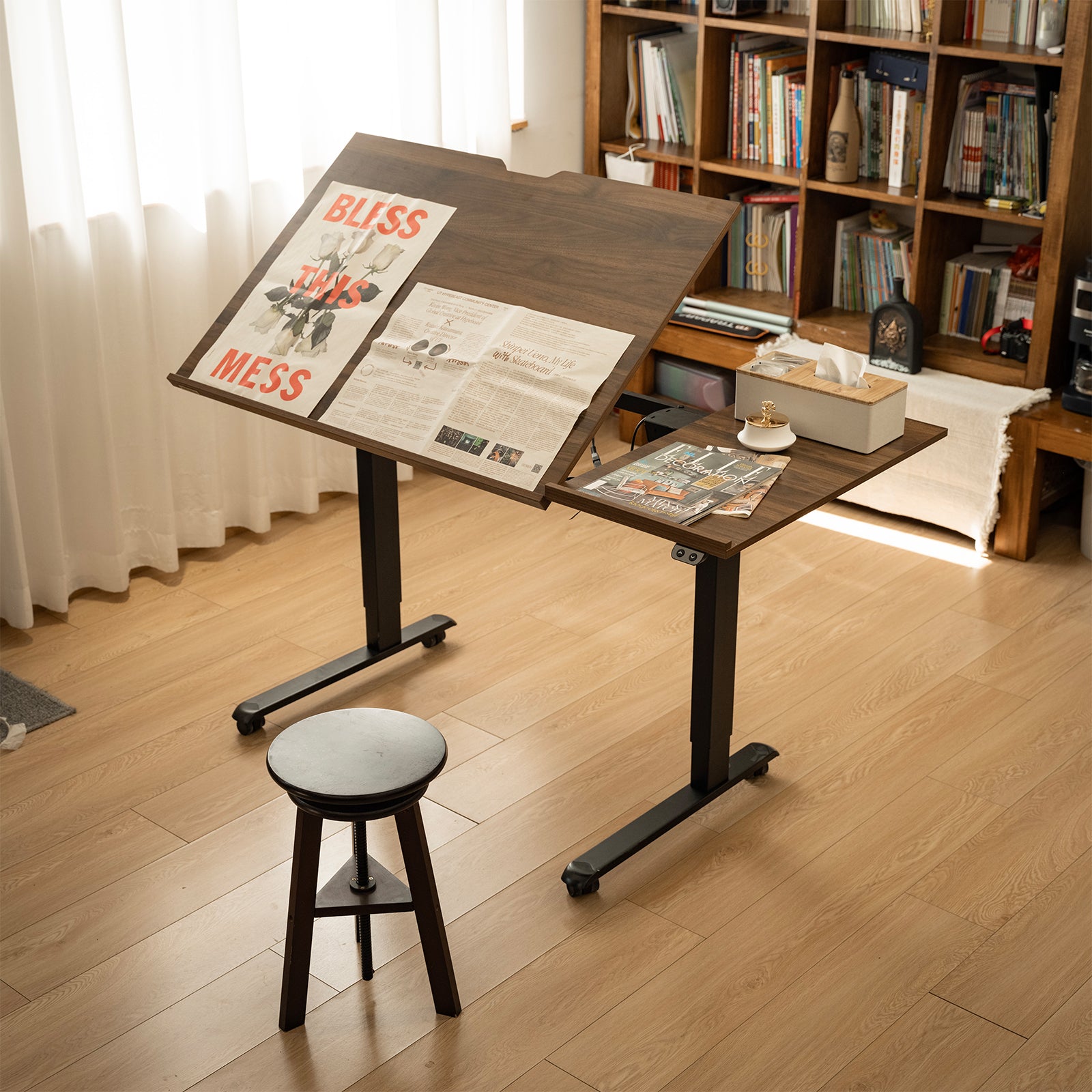MEEDEN Large Electric Height Adjustable Drafting Table with Side Board, Walnut